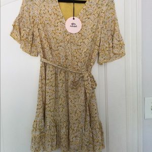 yellow floral ruffle hem dress